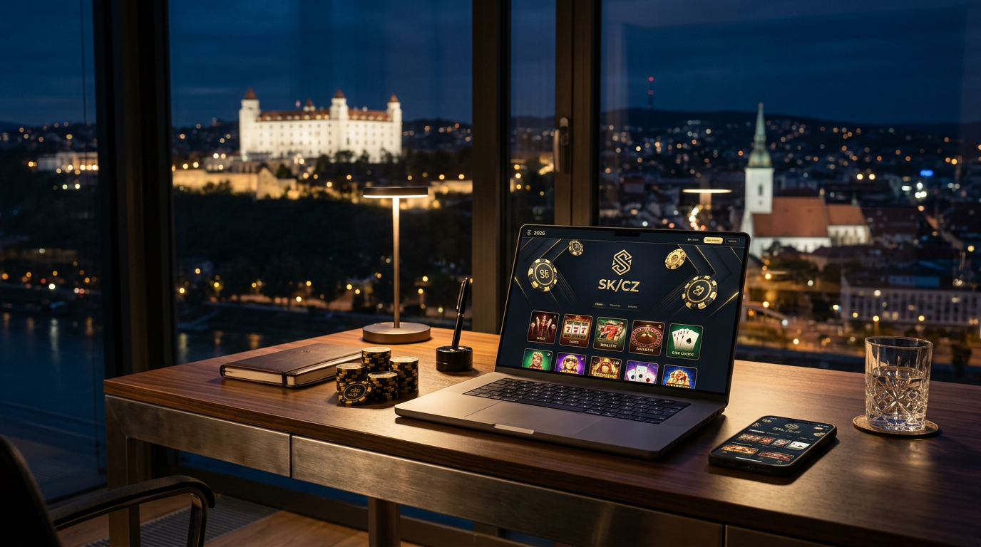Pracovní stůl s notebookem zobrazujícím slovenské online casino pro české hráče v roce 2026 s výhledem na Bratislavu.